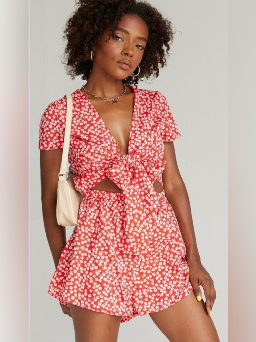 Princess Polly Virgo ditsy floral red and white tie-front cutout romper NWT